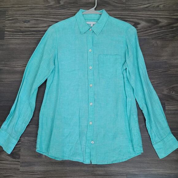Foxcroft Womens Button Up Blouse Top Size 2 Blue 100% Linen Long Sleeve Collared - Picture 1 of 6